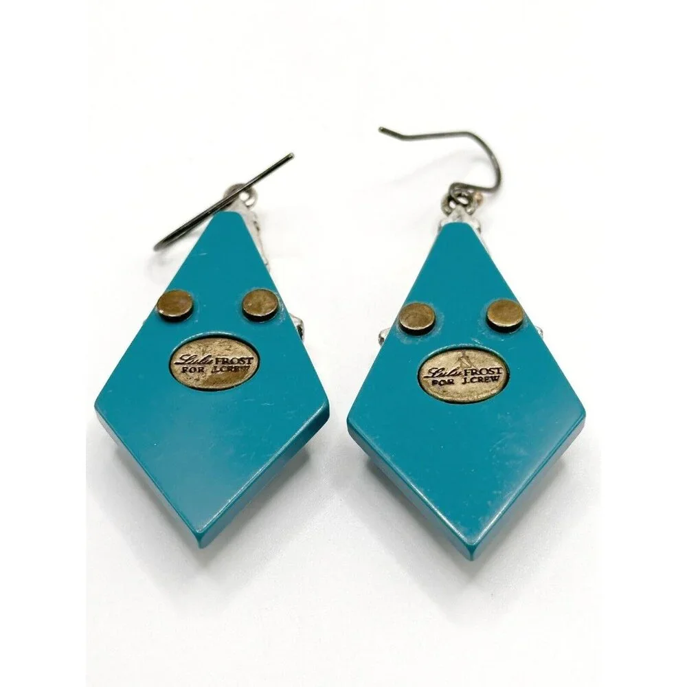 LULU FROST J. CREW STATEMENT Earrings Teal Yellow Lucite Rhinestone Brass 2013‎